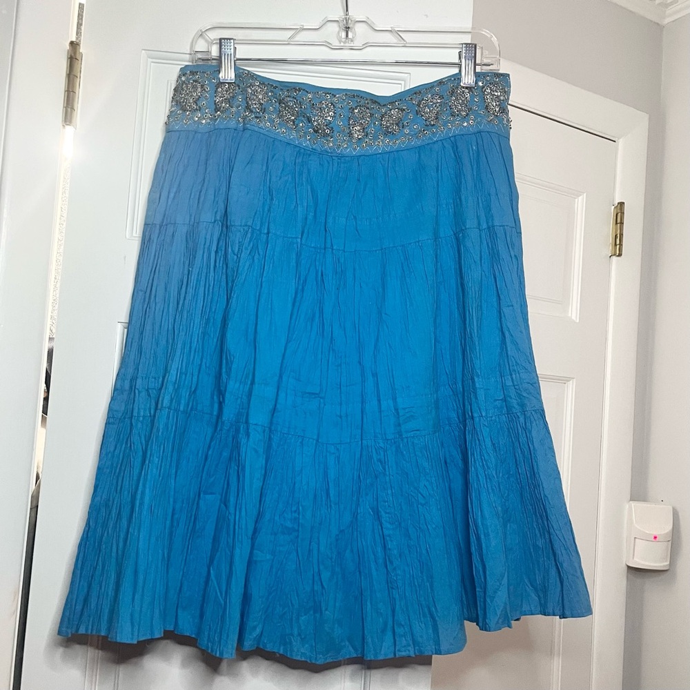 BCBGMaxAzria 100% Cotton Turquoise A-Line Skirt with Embellished Waist Casual